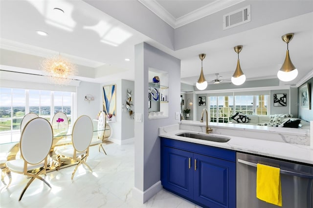 kitchen featuring dishwasher, light stone countertops, sink, and a wealth of natural light