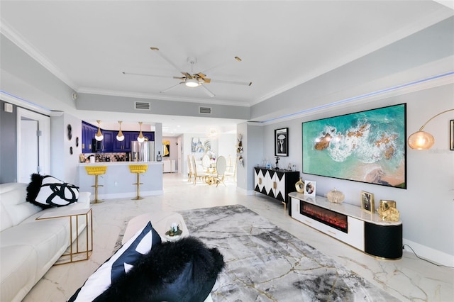 interior space featuring ceiling fan and ornamental molding