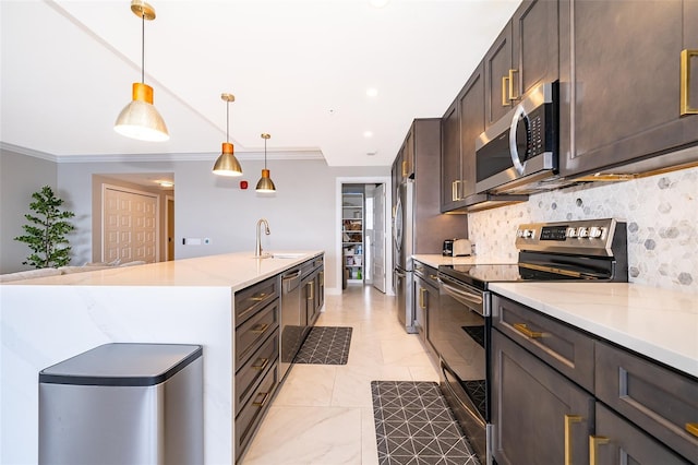 kitchen with light stone counters, crown molding, stainless steel appliances, and decorative light fixtures