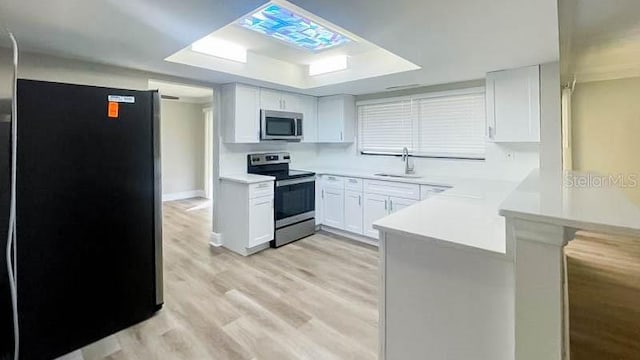 kitchen featuring sink, white cabinetry, light wood-type flooring, appliances with stainless steel finishes, and kitchen peninsula