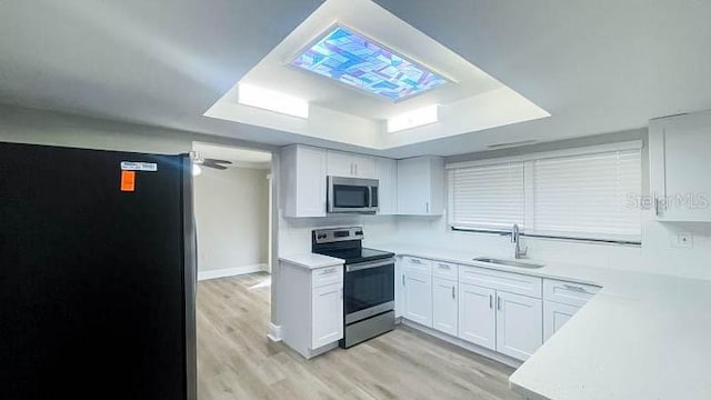 kitchen with white cabinetry, sink, light hardwood / wood-style flooring, and stainless steel appliances