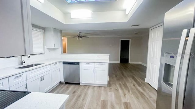 kitchen featuring sink, stainless steel appliances, light hardwood / wood-style floors, white cabinets, and kitchen peninsula