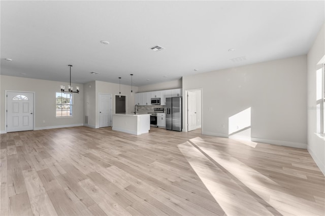 unfurnished living room featuring a chandelier, sink, and light hardwood / wood-style flooring