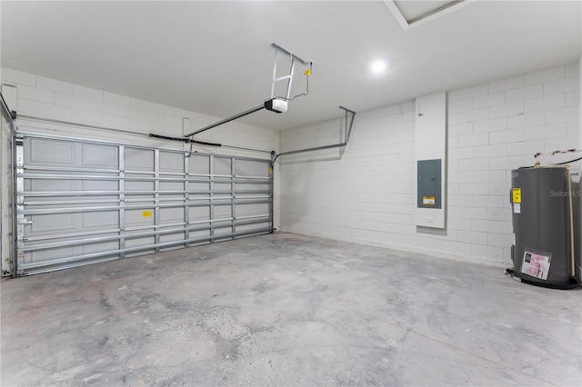 garage featuring electric panel, electric water heater, and a garage door opener