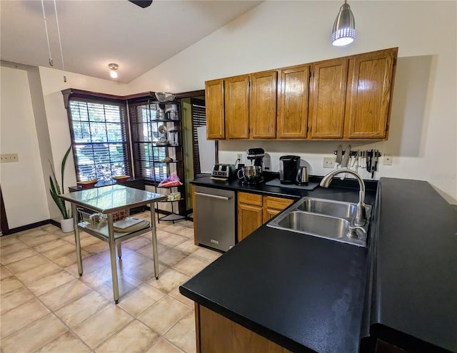 3021 Norvell Ct, Deltona, FL 32738 - kitchen with lofted ceiling, sink, light tile patterned floors, dishwasher, and pendant lighting