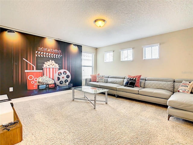 living room featuring carpet and a textured ceiling