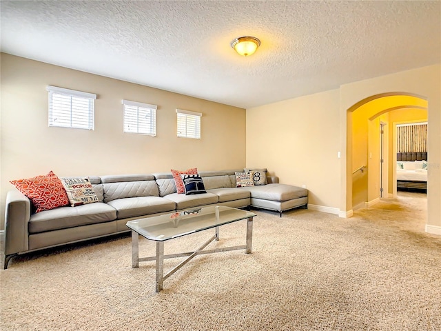 carpeted living room with a textured ceiling