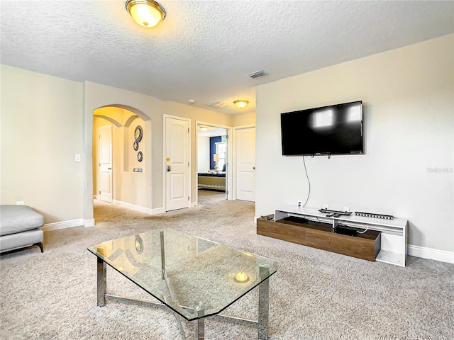 living room featuring carpet and a textured ceiling