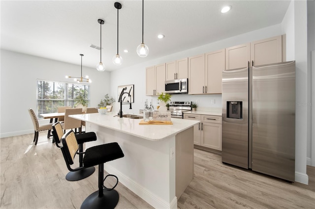 kitchen featuring sink, light wood-type flooring, an island with sink, appliances with stainless steel finishes, and decorative light fixtures