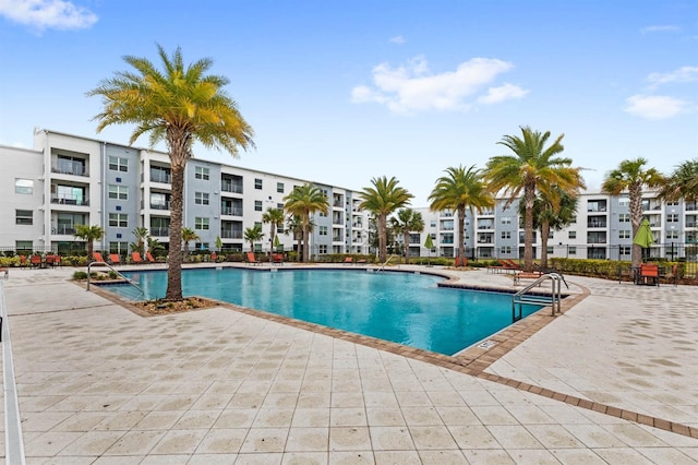 view of swimming pool featuring a patio area