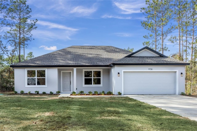 ranch-style home with a front lawn and a garage