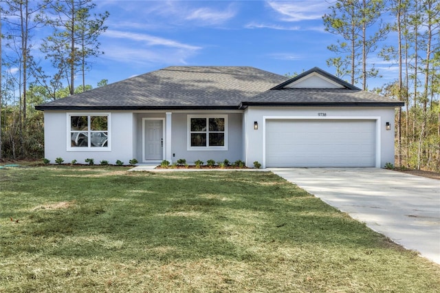 single story home featuring a garage and a front yard