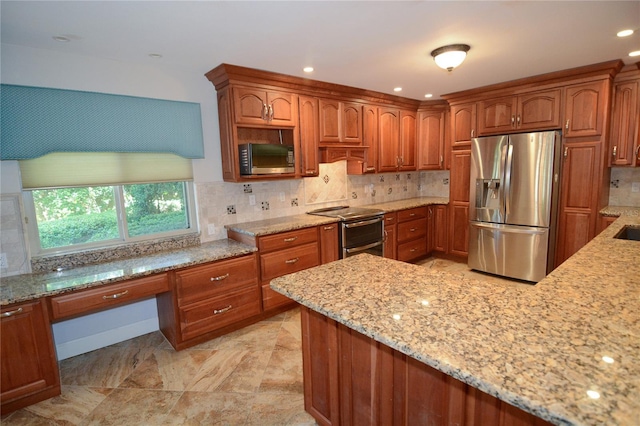 kitchen with decorative backsplash, light stone countertops, stainless steel appliances, and custom exhaust hood