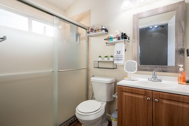 bathroom with vanity, vaulted ceiling, toilet, and a shower with shower door