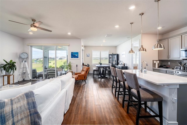 living room with dark hardwood / wood-style floors, ceiling fan, and sink