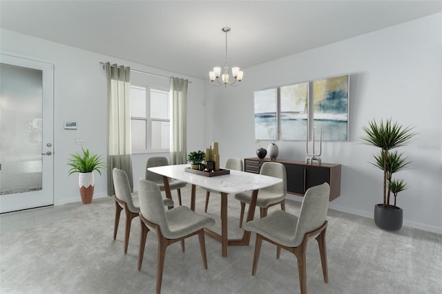 carpeted dining space featuring a notable chandelier