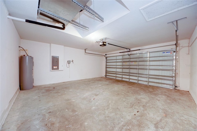 garage featuring a garage door opener, water heater, and electric panel