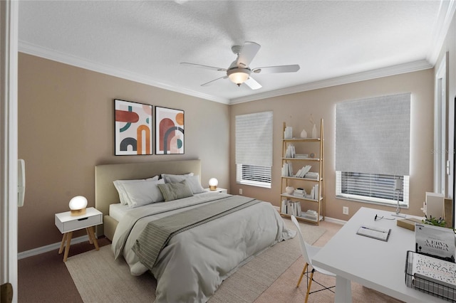 bedroom featuring ceiling fan, crown molding, light colored carpet, and a textured ceiling