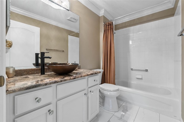 full bathroom featuring vanity, toilet, shower / bathtub combination with curtain, and ornamental molding