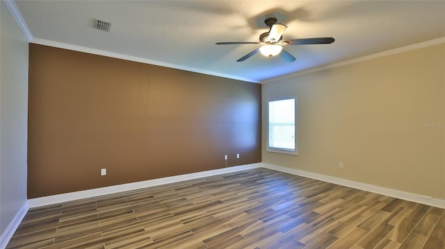 unfurnished room with dark hardwood / wood-style floors, ceiling fan, ornamental molding, and a textured ceiling