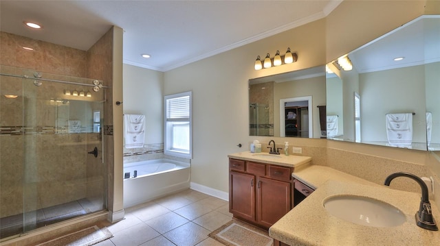 bathroom with crown molding, tile patterned flooring, vanity, and independent shower and bath