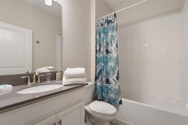 full bathroom featuring shower / bath combination with curtain, toilet, and vanity