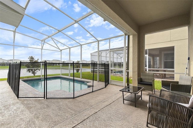 view of pool with a lanai, an outdoor hangout area, a patio, and a water view