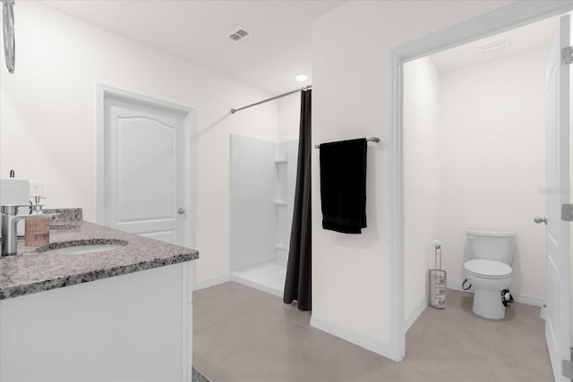 full bath with a stall shower, visible vents, vanity, and toilet