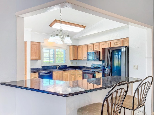 kitchen with vaulted ceiling, crown molding, sink, black appliances, and a chandelier