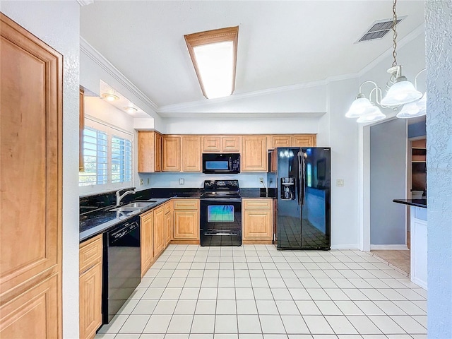 kitchen featuring black appliances, sink, vaulted ceiling, decorative light fixtures, and a chandelier