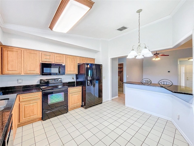 kitchen featuring pendant lighting, light tile patterned flooring, black appliances, ceiling fan with notable chandelier, and ornamental molding