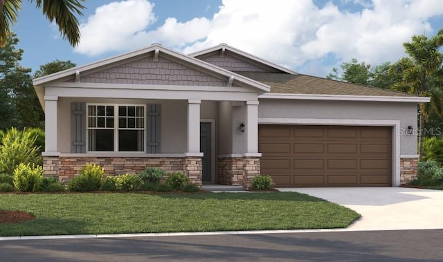 craftsman-style home with a porch, a garage, and a front lawn