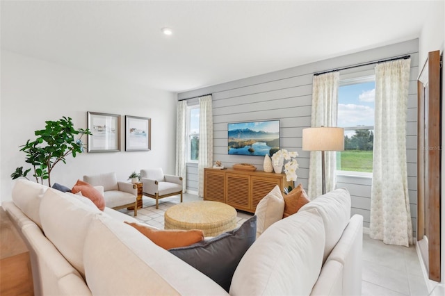 living room featuring light tile patterned floors