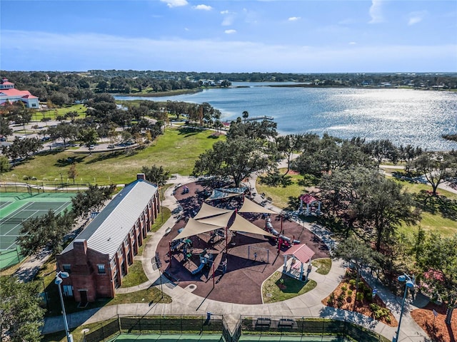 drone / aerial view with a water view