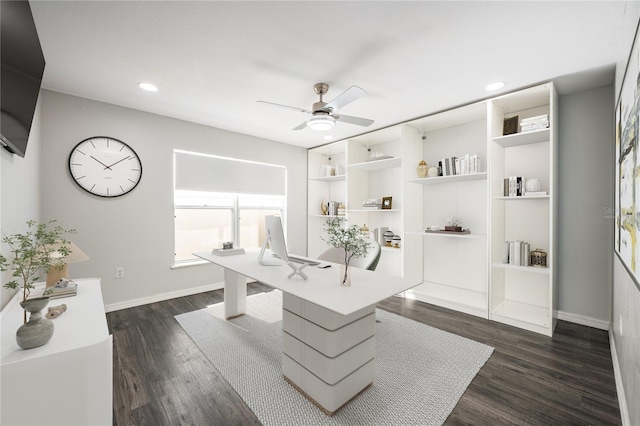 home office featuring dark hardwood / wood-style floors and ceiling fan