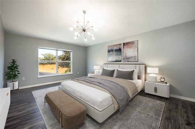 bedroom with dark wood-type flooring and a chandelier