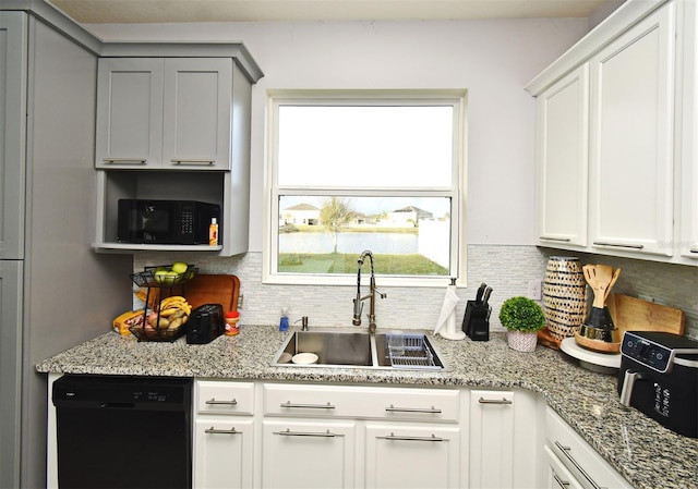 kitchen featuring white cabinetry, sink, gray cabinets, decorative backsplash, and black appliances