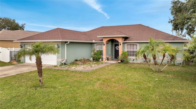 view of front of home with fence, stucco siding, concrete driveway, a front lawn, and a garage