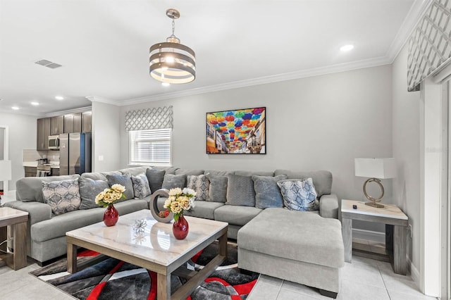 living room with baseboards, visible vents, light tile patterned flooring, crown molding, and recessed lighting