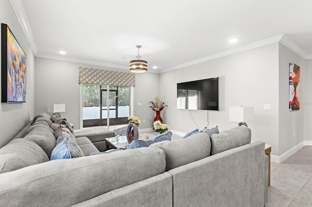 living room featuring a notable chandelier, light tile patterned floors, and crown molding