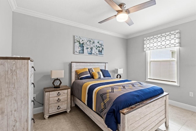 bedroom with light tile patterned floors, ceiling fan, and crown molding