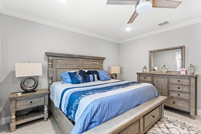 bedroom with ceiling fan, light tile patterned flooring, and ornamental molding