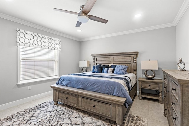 bedroom featuring light tile patterned flooring, ceiling fan, baseboards, and ornamental molding