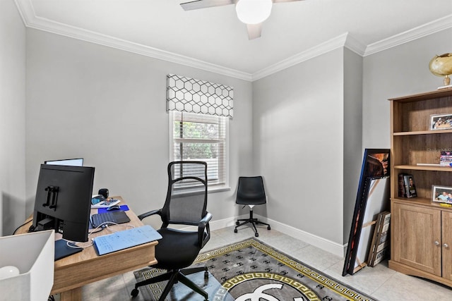 tiled office featuring ceiling fan and ornamental molding