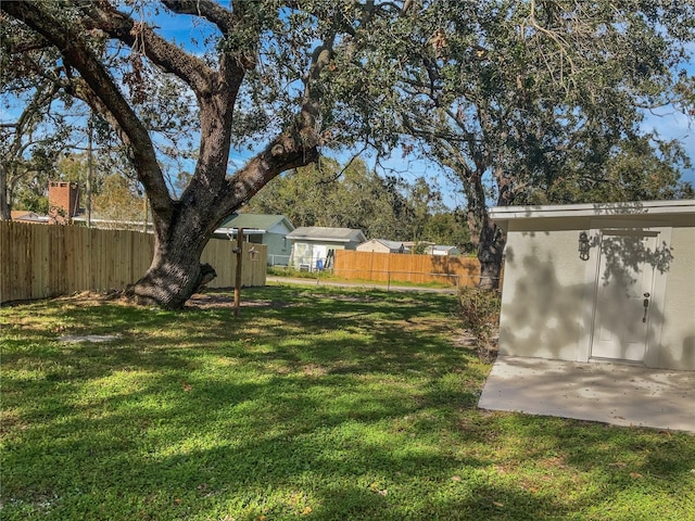 view of yard featuring a patio and a storage shed