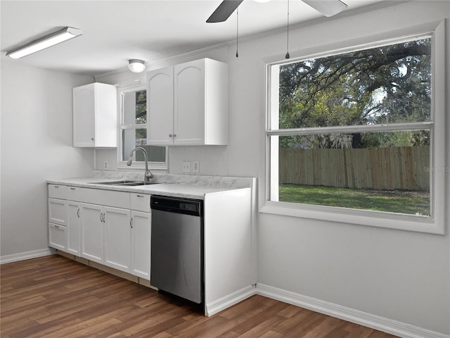 kitchen with dishwasher, dark hardwood / wood-style flooring, white cabinets, and sink