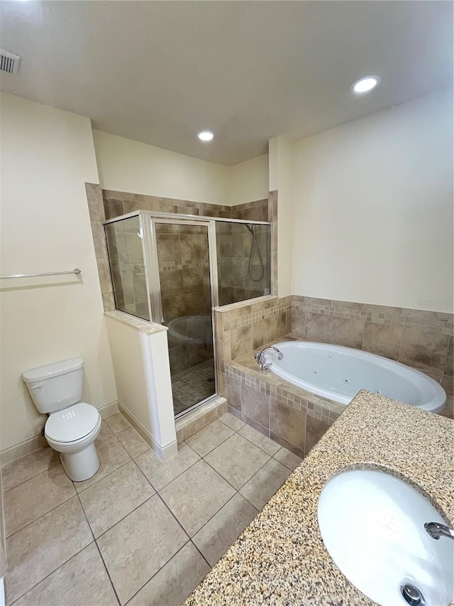 full bathroom with tile patterned flooring, toilet, sink, and plus walk in shower