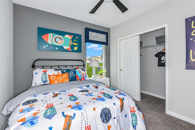 bedroom featuring carpet, ceiling fan, and a closet