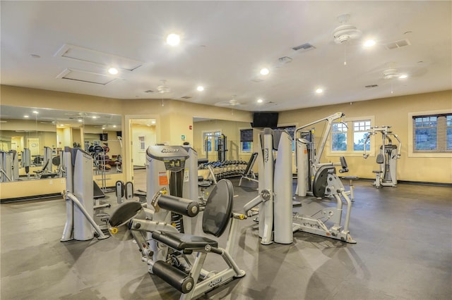 gym featuring ceiling fan