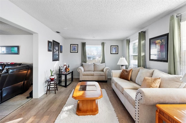 living room featuring wood-type flooring and a textured ceiling